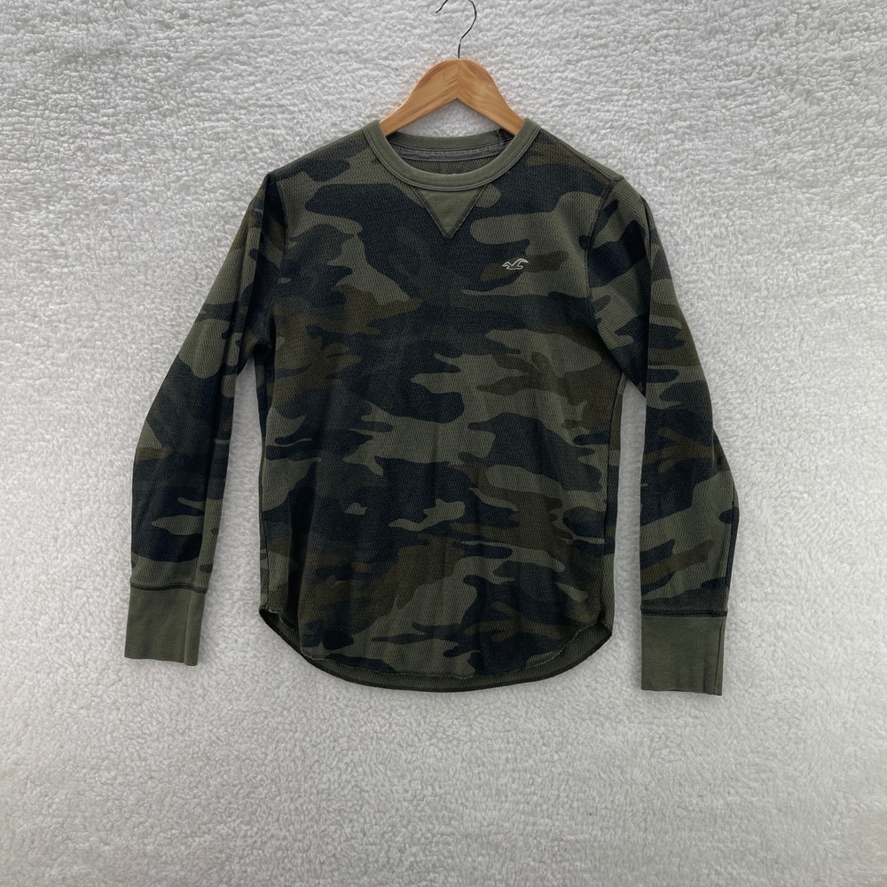 Hollister Shirt Mens Medium Green Camo Waffle Knit Thermal Y2K Outdoor Grunge
